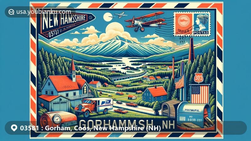 Modern illustration of Gorham, Coos, New Hampshire (NH) showcasing White Mountains aerial view, state symbols, and postal elements like airmail envelope, stamp with ZIP code 03581, and vintage postbox.