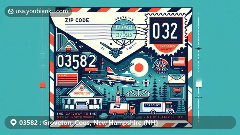 Modern illustration of Groveton, Coos County, New Hampshire, inspired by postal theme with ZIP code 03582, featuring iconic symbols like Gateway to the Great North Woods and elements representing New Hampshire state, such as the state flag.