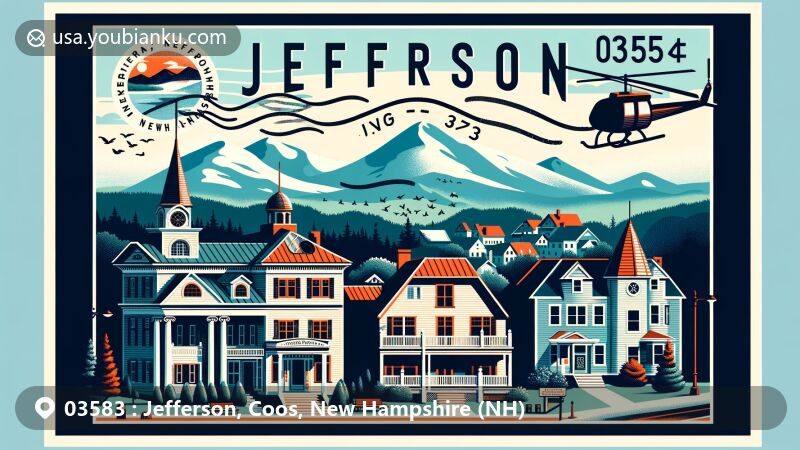 Modern illustration of Jefferson, New Hampshire, showcasing postal theme with ZIP code 03583, featuring Santa's Village entrance, Mount Starr King silhouette, Waumbek Cottages, and White Mountains scenery.
