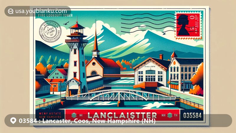 Modern illustration of Lancaster, New Hampshire, featuring iconic landmarks like Weeks State Park's fire lookout tower, Mount Orne and Mechanic Street covered bridges, and Rialto Theatre, with subtle silhouettes of White Mountains and Green Mountains in the background, adorned with postal theme.