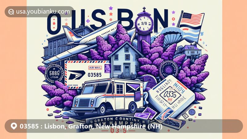 Modern illustration of Lisbon, Grafton County, New Hampshire, depicting postal theme with ZIP code 03585, showcasing air mail envelope, postage stamps, postal mark '03585 Lisbon NH', and postal truck, incorporating iconic lilacs, town's landscape silhouette, and New Hampshire state flag.