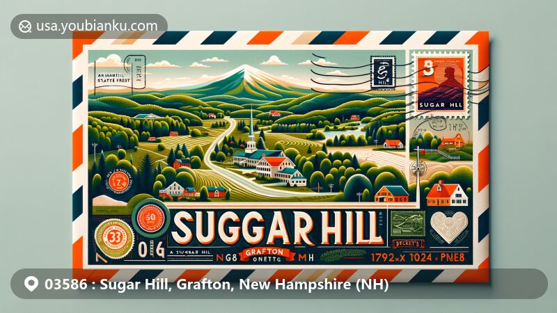 Modern illustration of Sugar Hill, Grafton, New Hampshire, depicting natural beauty and historic buildings, featuring Sugar Hill State Forest, Peckett's-on-Sugar Hill Inn, and Mount Lafayette, with airmail envelope design showcasing ZIP code 03586.