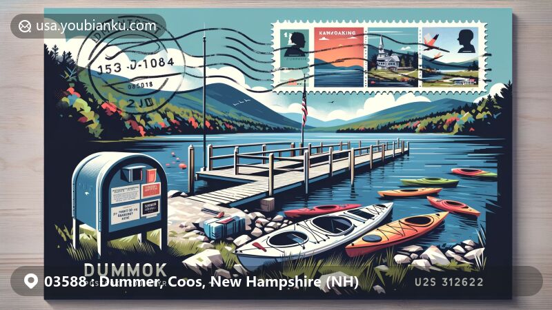 Modern illustration of Pontook Reservoir in Dummer, Coos County, New Hampshire, USA, featuring postal theme with stamp, postmark, ZIP code 03588, mailbox, and mail truck, showcasing town's kayaking and birdwatching essence.
