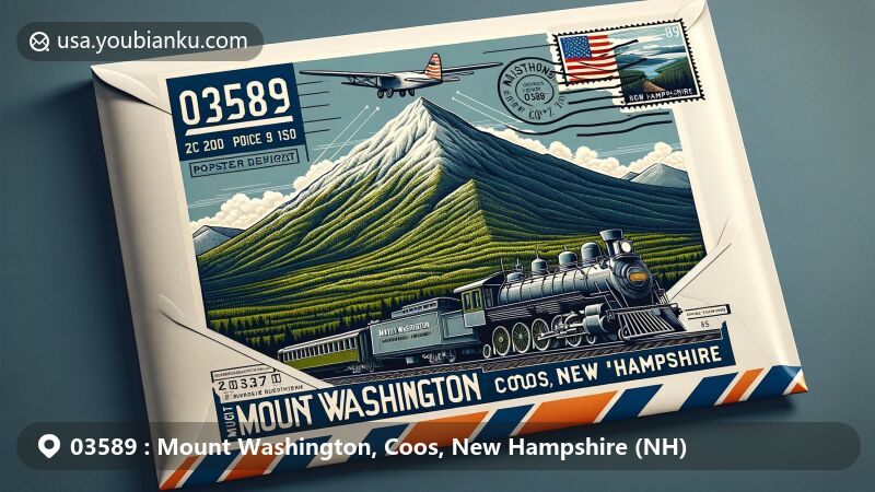 Modern illustration of Mount Washington, Coos, New Hampshire, showcasing aviation-themed envelope with detailed depiction of highest peak in the Northeast, against backdrop of clear skies and lush greenery, incorporating state flag and ZIP code 03589.
