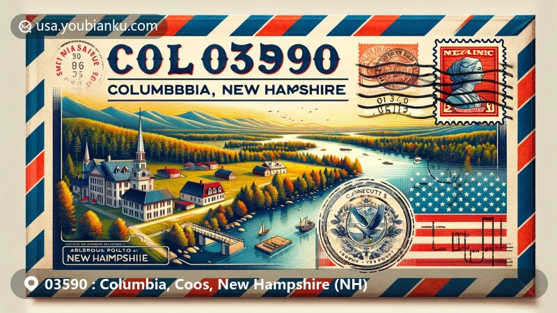 Modern illustration of Columbia, Coos County, New Hampshire, showcasing airmail envelope design with ZIP code 03590, featuring scenic beauty of northern New Hampshire, including Connecticut River and New Hampshire state flag.
