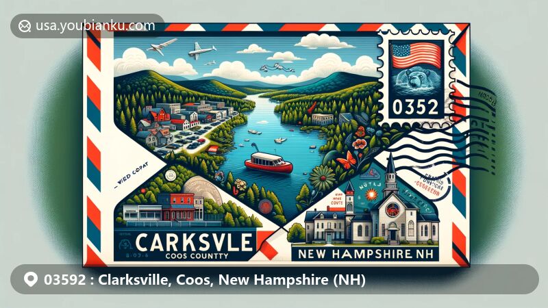 Modern illustration of Clarksville, Coos County, New Hampshire, portraying postal theme with ZIP code 03592, featuring Clarksville Pond and New Hampshire state symbols.