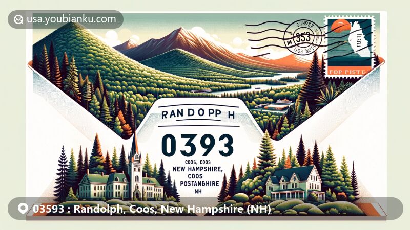Modern illustration of Randolph, Coos County, New Hampshire, showcasing postal theme with ZIP code 03593, featuring White Mountains' lush forests, Presidential Range, and Crescent Range.