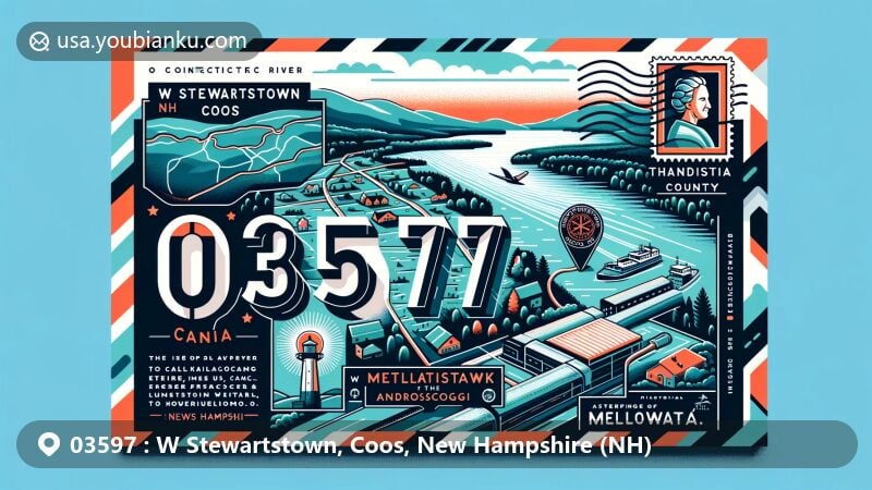 Modern illustration of W Stewartstown, Coos, New Hampshire, highlighting ZIP code 03597, featuring Connecticut River, US-Canada border, Coös County outline, and historical marker of Metallak from Androscoggin tribe.