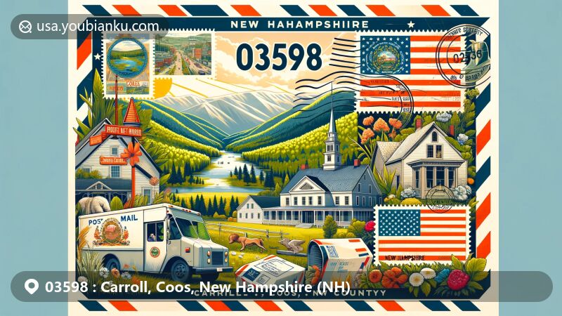 Vibrant illustration of Carroll and Coos, New Hampshire, capturing postal theme with ZIP code 03598, featuring state flag, White Mountains, New England architecture, and postal elements.