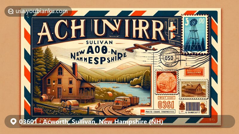Modern illustration of Acworth, Sullivan, New Hampshire, featuring vintage airmail envelope, rural charm, state symbols, and ZIP code 03601.