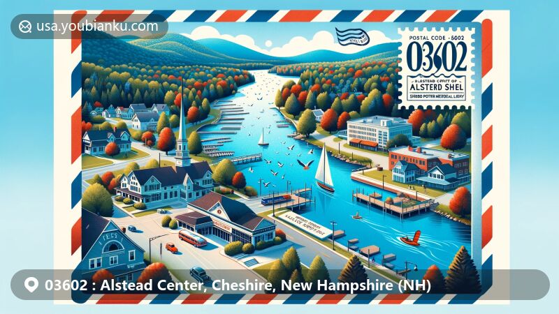 Modern illustration of Alstead Center, Cheshire County, New Hampshire, showcasing scenic beauty with Cold River and Lake Warren, featuring Alstead Historical Society Museum, Shedd Porter Memorial Library, and Vilas Pool, in a vintage airmail envelope design.