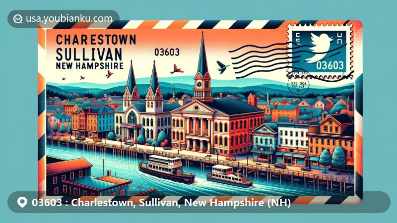 Vibrant illustration of Charlestown, Sullivan, New Hampshire, showcasing iconic landmarks like Charlestown Main Street Historic District, South Parish Church, St. Luke's Church, and Town Hall, with the Connecticut River in the background.