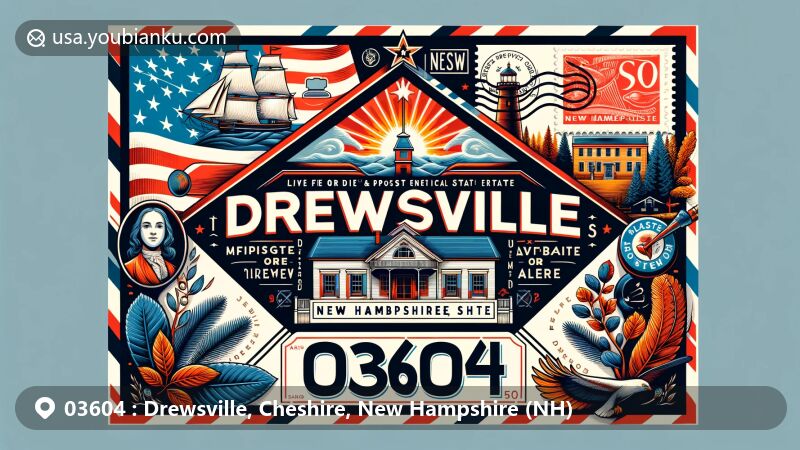 Modern illustration of Drewsville, Cheshire County, New Hampshire, featuring Drewsville General Store and New Hampshire state flag elements, including the frigate Raleigh, rising sun, and laurel leaves, with the state motto 'Live Free or Die'. ZIP code 03604 is prominently displayed on a wide-format airmail envelope.