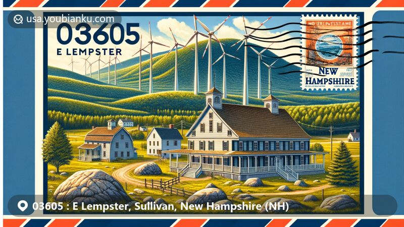 Modern illustration of E Lempster, Sullivan County, New Hampshire, showcasing rural landscape with Lempster Meetinghouse and wind turbines on Bean Mountain, incorporating postal theme with vintage airmail envelope and ZIP code 03605.