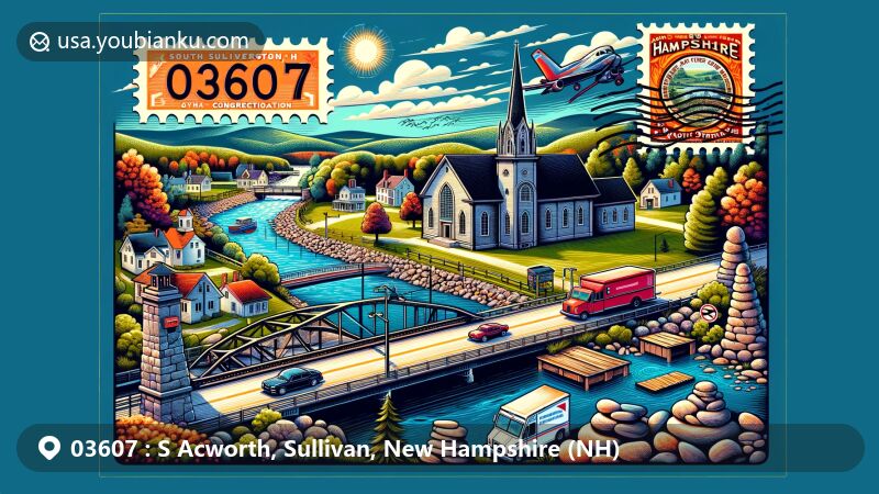 Modern illustration of South Acworth, Sullivan County, New Hampshire, with postal theme showcasing ZIP code 03607, featuring Acworth Congregational Church and scenic Cold River.