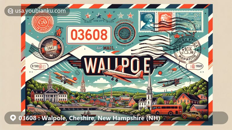 Modern illustration of Walpole, Cheshire County, New Hampshire, featuring postal theme with ZIP code 03608, showcasing vintage stamps, postal marks, and scenic landscapes.