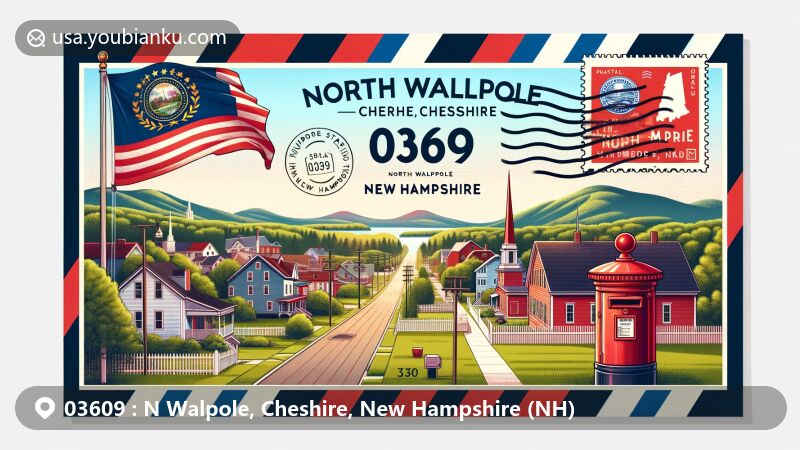 Creative postcard illustration of North Walpole, Cheshire County, New Hampshire, featuring state flag and postal elements, with vintage airmail envelope border, capturing the essence of the area.