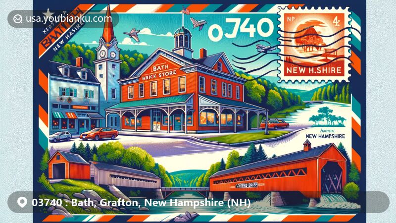 Modern illustration of Bath, New Hampshire, showing the Brick Store from 1824, surrounded by Bath's historic covered bridges and the scenic Connecticut River, all set in lush greenery. Postal theme with postcard border, local landmark stamp, postmark with '03740' ZIP code, and air mail envelope design.