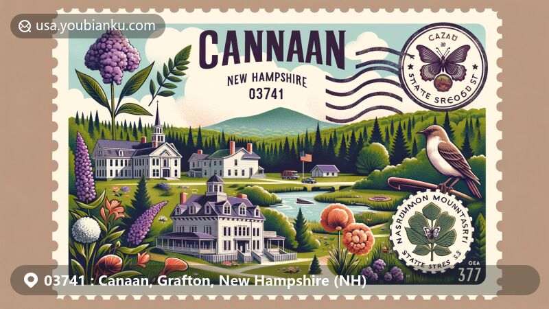 Modern illustration of Canaan, Grafton County, New Hampshire, featuring Canaan Street Historic District, Mascoma State Forest, Cardigan Mountain School, New Hampshire state flag, and state symbols, along with postal elements like vintage stamps and ZIP code 03741.