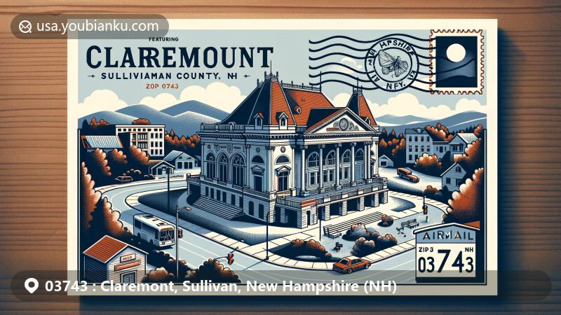 Modern illustration of Claremont, Sullivan County, New Hampshire, showcasing the iconic Claremont Opera House and natural beauty, designed in a creative postcard style with a postal theme for ZIP code 03743.