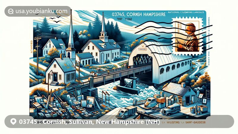 Modern illustration of Cornish, New Hampshire postal postcard with ZIP code 03745, blending Cornish Colony art, Saint-Gaudens National Historic Park, and iconic Cornish-Windsor Covered Bridge, featuring stamps, postmarks, and postal elements.