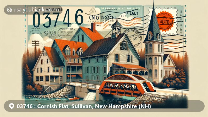 Modern illustration of Cornish Flat, New Hampshire, showcasing historic Cornish Colony architecture influenced by Charles Platt, featuring Cornish-Windsor Covered Bridge, picturesque New Hampshire landscape, and postal theme with ZIP code 03746.