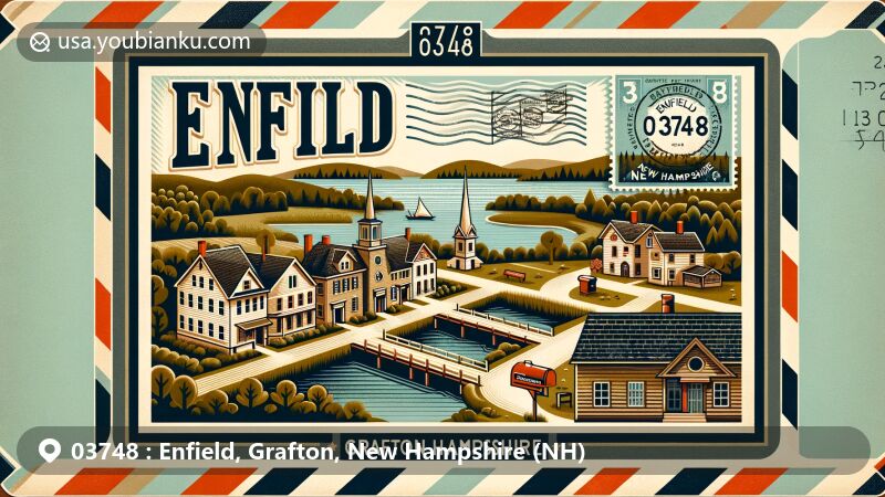 Modern illustration of Enfield, Grafton County, New Hampshire, featuring historic district and postal theme with ZIP code 03748, showcasing Lake Mascoma and Connecticut River views.