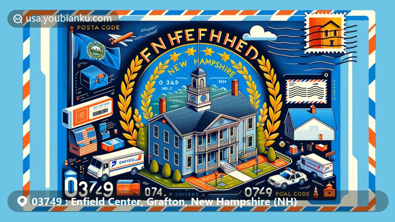 Modern illustration of Enfield Center, New Hampshire, showcasing postal theme with ZIP code 03749, featuring Enfield Center Town House, Historical Society Museum, and state flag with state seal and golden laurel wreath.