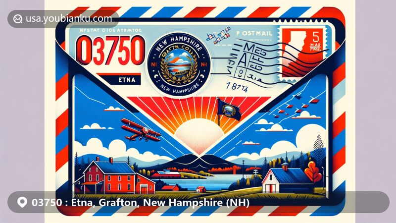 Modern illustration of Etna, Grafton County, New Hampshire, showcasing artistic air mail envelope with New Hampshire state flag, county map outline, and rural community essence.