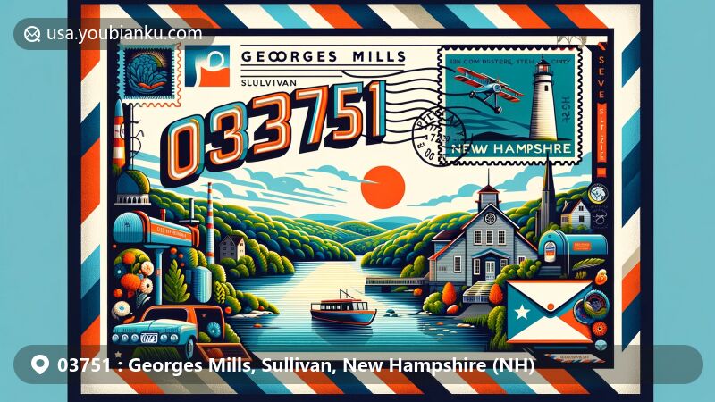 Whimsical illustration of Georges Mills, Sullivan County, New Hampshire, featuring picturesque Lake Sunapee, lush greenery, New Hampshire state flag, and Sullivan County's stylized outline, with prominent ZIP code 03751 and classic American postal elements.