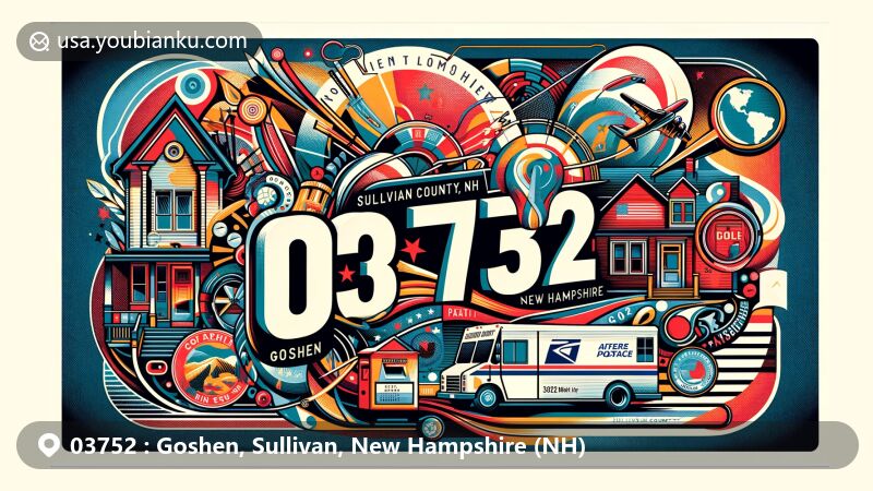 Modern illustration of Goshen, Sullivan County, New Hampshire, showcasing postal theme with ZIP code 03752, featuring local landmarks and American postal symbols.