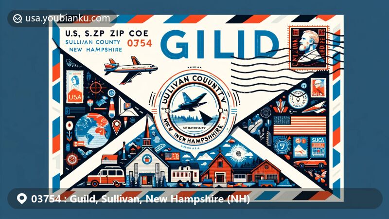 Modern illustration of Guild, Sullivan County, New Hampshire, representing ZIP code 03754, featuring airmail envelope style with postal elements like stamps and postmark, showcasing iconic images of Guild, Sullivan County, and New Hampshire.