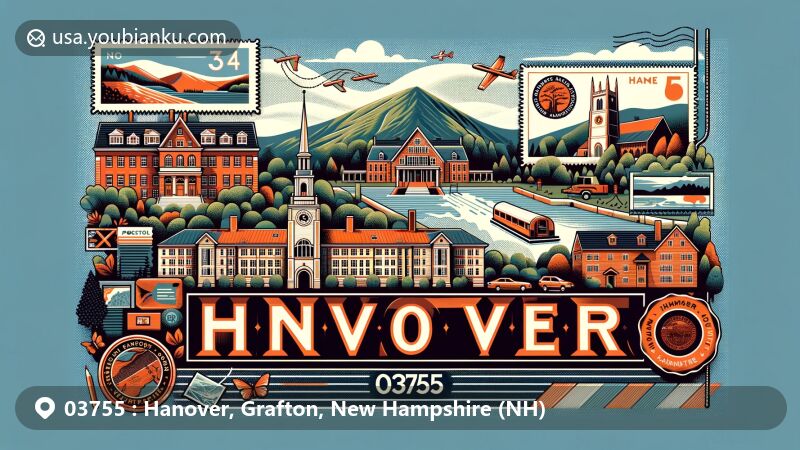 Modern illustration of Hanover, New Hampshire, highlighting Dartmouth College, Moose Mountain, and the Appalachian Trail, with postal elements like postcards, stamps, and ZIP Code 03755.
