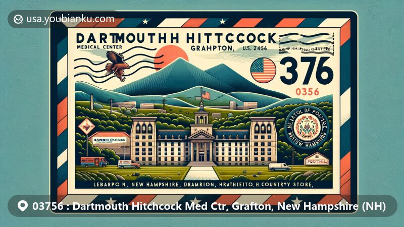 Modern illustration of Dartmouth Hitchcock Med Ctr, Grafton, New Hampshire, featuring postal theme with ZIP code 03756, showcasing Dartmouth Hitchcock Medical Center building, Grafton's scenic beauty, and New Hampshire state symbols.