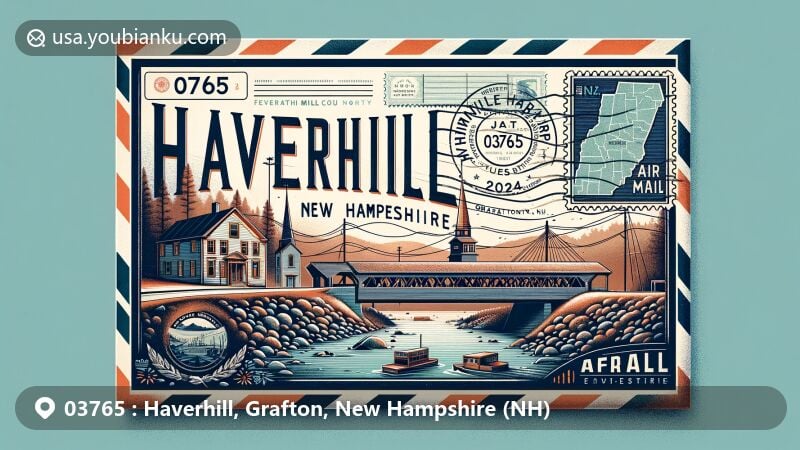 Modern illustration of Haverhill, Grafton County, New Hampshire (NH), showcasing iconic Haverhill-Bath Covered Bridge, historic district, and postal elements with ZIP code 03765.
