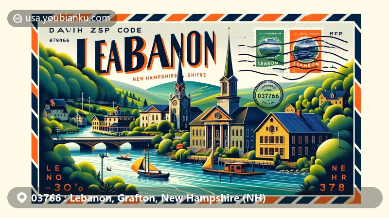 Modern illustration of Lebanon, Grafton County, New Hampshire, featuring historic Wood House, The First Congregational Church, and modern Lebanon City Hall, set against the backdrop of Mascoma River and lush greenery, designed in postal style with ZIP code 03766.