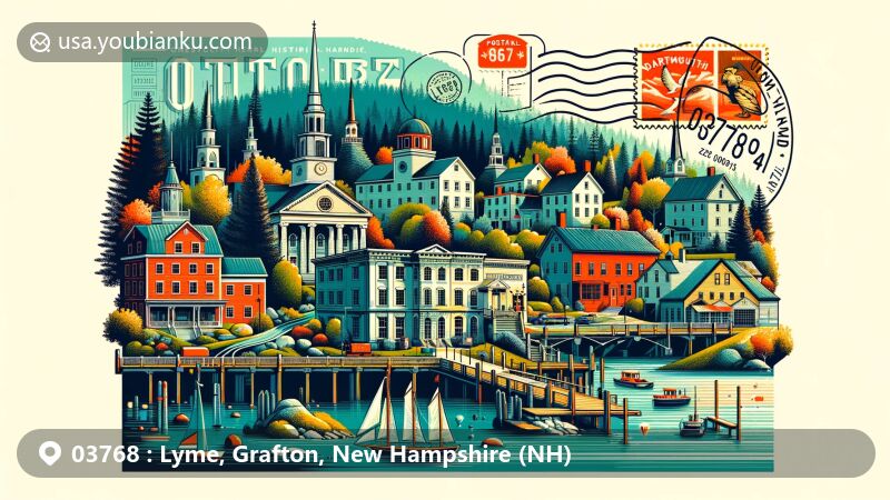 Modern illustration of Lyme, New Hampshire, highlighting postal theme with ZIP code 03768, featuring Lyme Common Historic District, Connecticut River, Dartmouth Skiway, and Appalachian Trail.