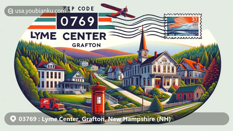 Modern illustration of Lyme Center, Grafton, New Hampshire, capturing historic architecture, natural landscapes, and postal theme with ZIP code 03769, featuring vintage air mail envelope, red mailbox, and mail van.