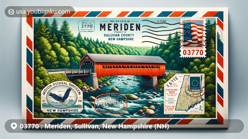 Modern illustration of Meriden, Sullivan, New Hampshire (NH), featuring Meriden Covered Bridge over Blood Brook, surrounded by lush greenery, with Sullivan County map outline and realistic New Hampshire state flag, showcasing postal theme with ZIP code 03770.