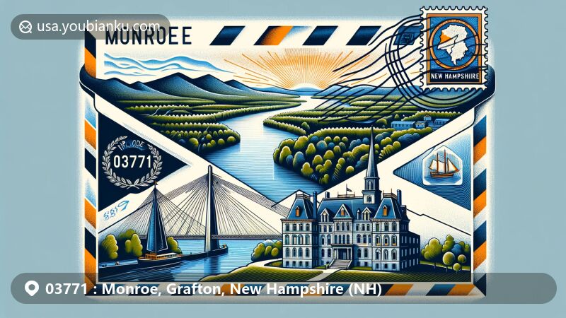 Modern illustration of Monroe, Grafton County, New Hampshire, showcasing airmail theme with detailed Connecticut River, state shape, NH flag, postal stamp with ZIP code 03771, and historic landmark, featuring vibrant colors and digital art style.