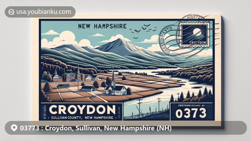 Modern illustration of Croydon Town, Sullivan County, New Hampshire, featuring Croydon Peak, Croydon Village School, and natural landscapes, with a stylized postcard foreground displaying a stamp and a postmark saying '03773 Croydon, NH'.