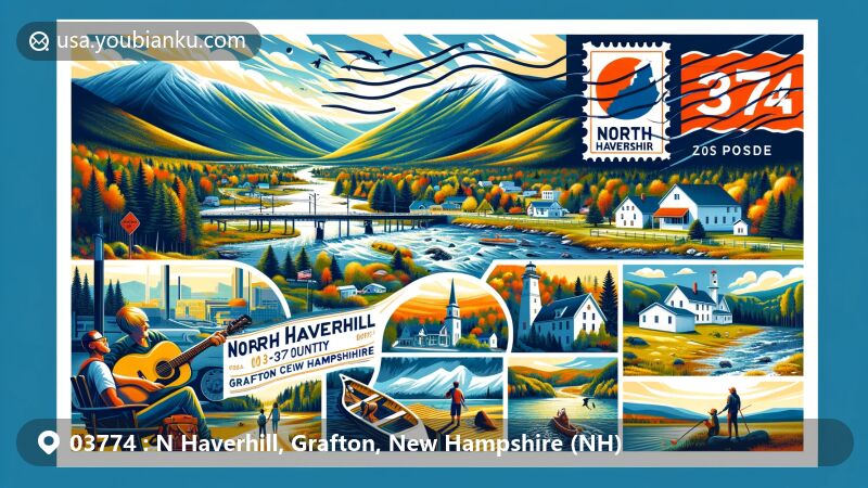 Modern illustration of North Haverhill, Grafton County, New Hampshire, featuring outdoor activities like hiking and fishing, and iconic elements such as the White Mountains and Connecticut River, with prominent postal theme including ZIP code 03774.