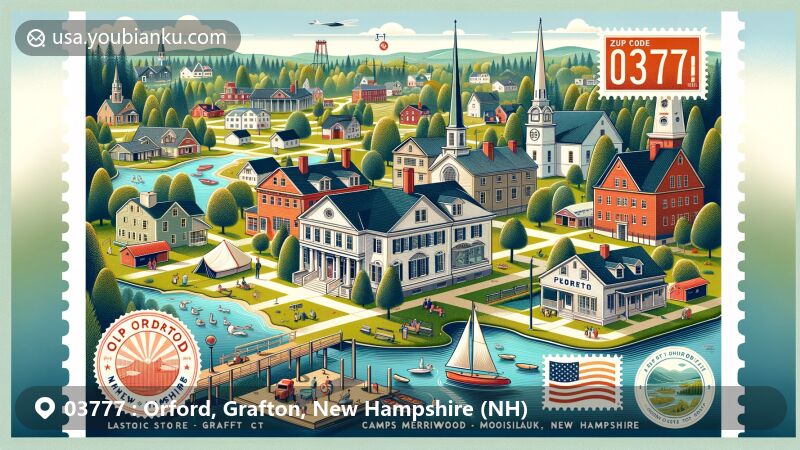 Modern illustration of Orford, Grafton, New Hampshire, featuring Orford Street Historic District with Federal-style houses and tree-lined promenade, surrounded by Camps Merriwood, Moosilauke, Connecticut River Valley, and Mount Cube, incorporating postal elements with ZIP code 03777.