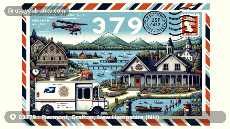 Modern illustration of Piermont, Grafton County, New Hampshire, showcasing postal theme with ZIP code 03779, featuring Lake Tarleton State Park, Lake Armington, Indian Pond, Peaked Mountain, and Piermont Mountain, along with historic landmarks like the 16-sided round barn and Sawyer-Medlicott House.