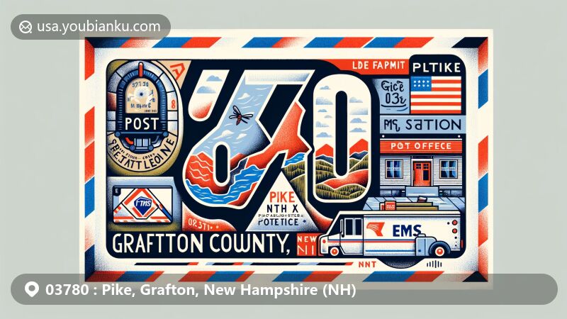Modern illustration of Pike, Grafton County, New Hampshire, showcasing postal theme with ZIP code 03780, featuring Bethlehem gneiss stones and local culture symbols.