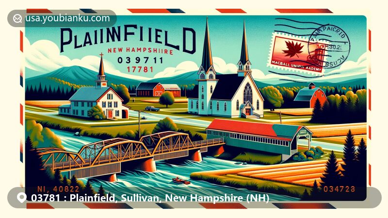 Modern illustration of Plainfield, New Hampshire, featuring Meriden Congregational Church, Kimball Union Academy, Meriden Covered Bridge, Mac's Maple, Riverview Farm, and postal elements with ZIP code 03781.