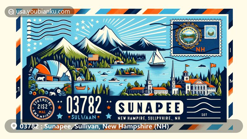 Modern illustration of Sunapee, Sullivan, New Hampshire (NH) showcasing Mount Sunapee and Sunapee Lake, featuring state flag with a ship and nine stars, designed in the style of an airmail envelope with stamps and postmarks, highlighting ZIP code 03782 and 'Sunapee, Sullivan, NH'.