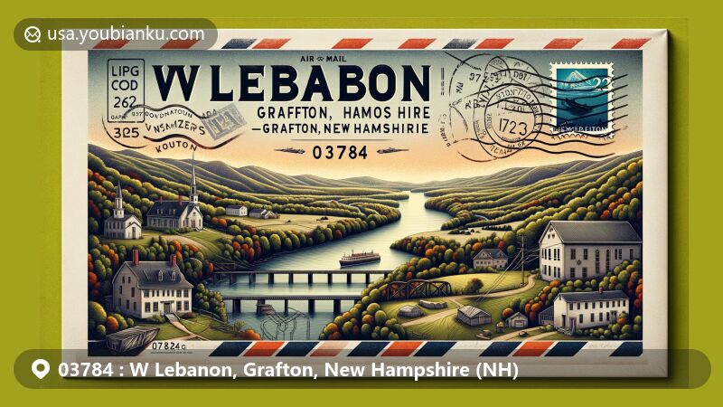 Modern illustration of W Lebanon, Grafton, New Hampshire, showcasing postal theme with ZIP code 03784, featuring Connecticut River and Mascoma River, as well as historical elements reflecting Lebanon's founding in 1761.