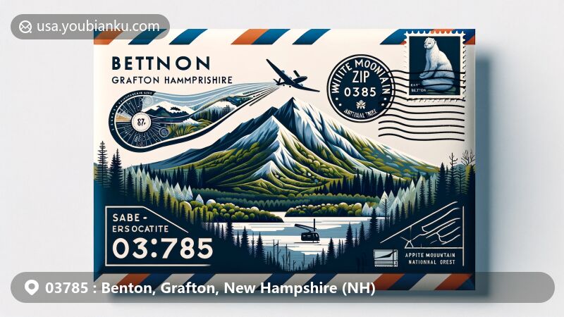 Modern illustration of Benton, Grafton County, New Hampshire, showcasing postal theme with ZIP code 03785, featuring Mount Moosilauke and White Mountain National Forest elements.