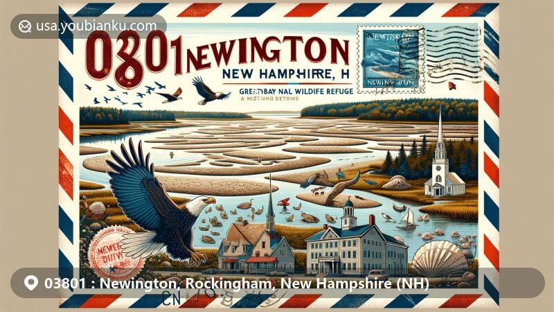 Modern illustration of Newington, New Hampshire, emphasizing the postal theme with ZIP code 03801 on an airmail envelope, featuring Great Bay National Wildlife Refuge's natural landscape, Langdon Library, old meetinghouse, stamps, and postmarks.
